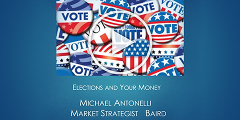 Type:Elections and Your Money, Michael Antonelli, Market Strategist, Baird | Visual: Blue gradient with image of illustrated vote pins and a play button overlayed