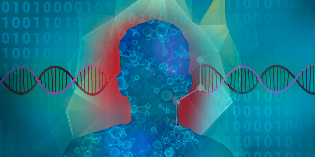 Abstract compilation graphic of a human silhouette against a DNA strand with binary code in the background