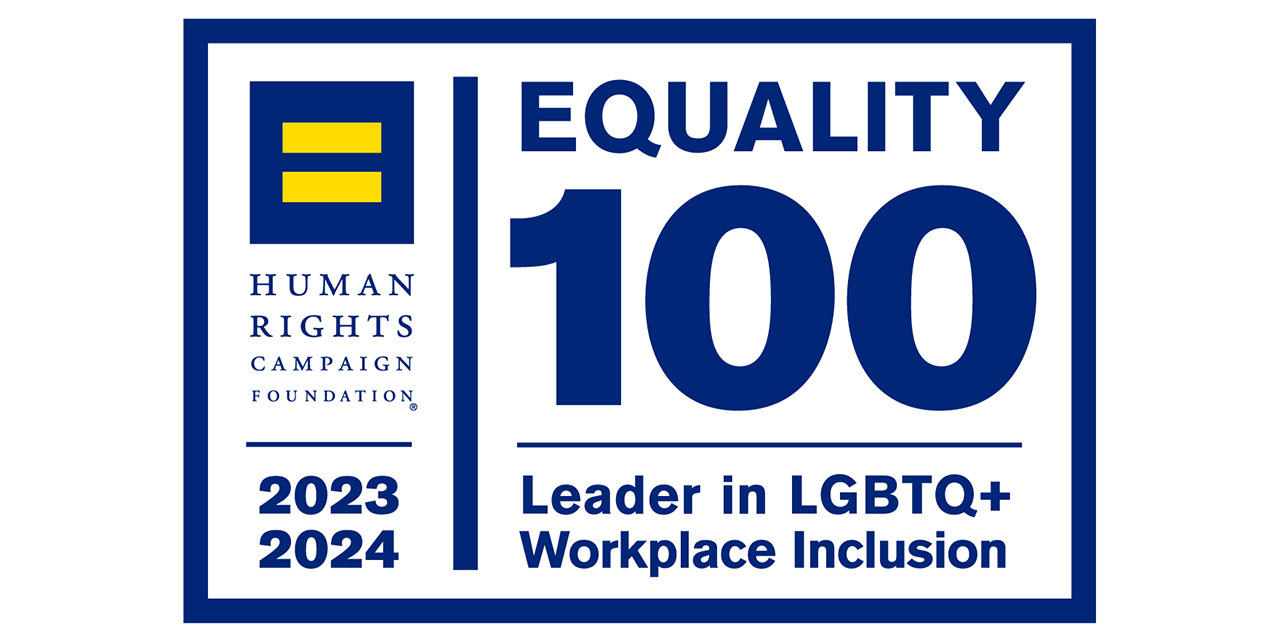Equal Logo with the words Human Rights Campaign Foundation 2023 2024 Equality 100 Leader in LGBTQ+ Workplace Inclusion