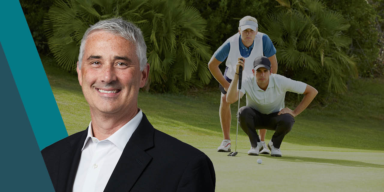 Michael Antonelli headshot overlaid on an image of golfers on the green.
