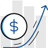 icon of a dollar sign and a curved arrow moving up and to the right against gray bars