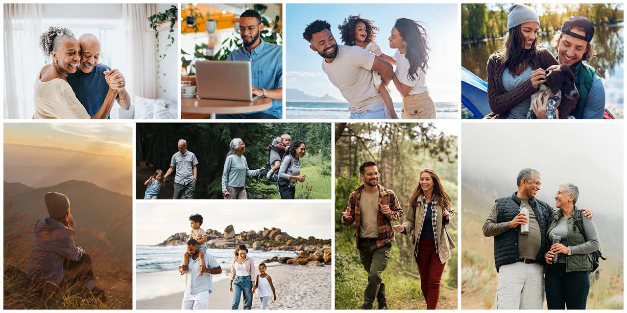 Collage of couples, individuals and families at different stages of life.