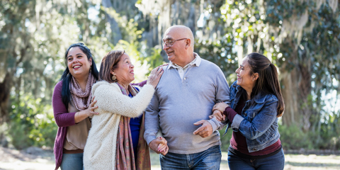 Family with adult children walking down a path