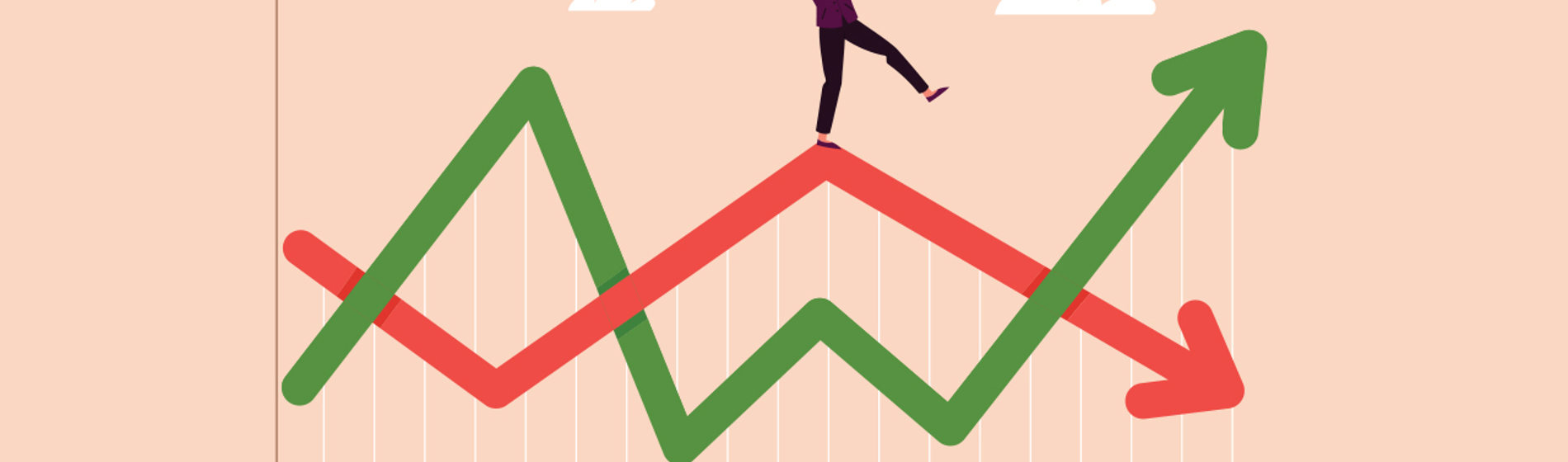 Illustration showing a person walking on a line graph with one line trending up and one trending down.