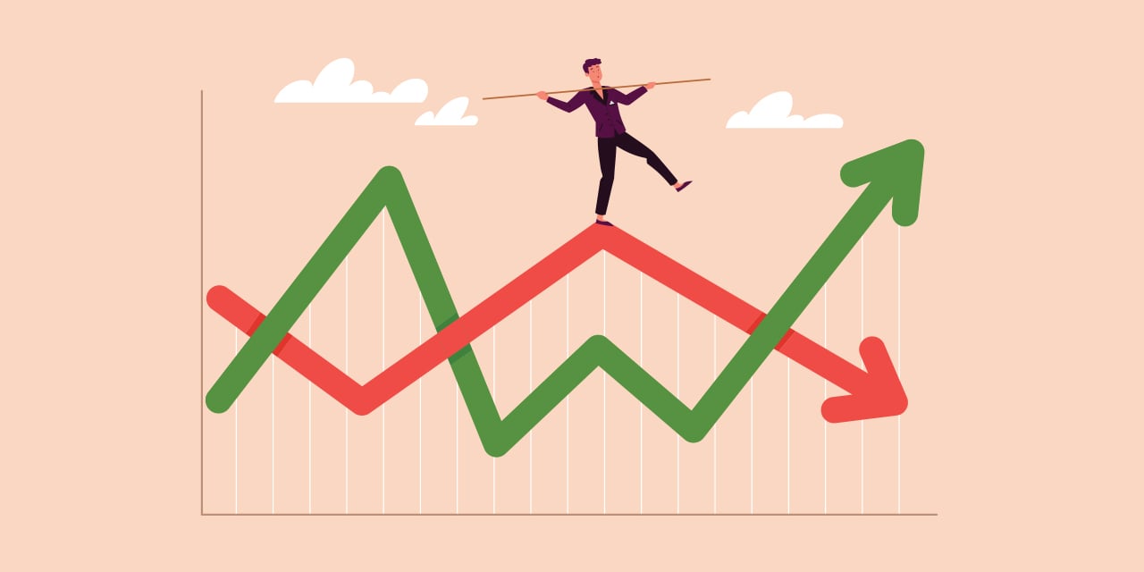 Illustration showing a person walking on a line graph with one line trending up and one trending down.