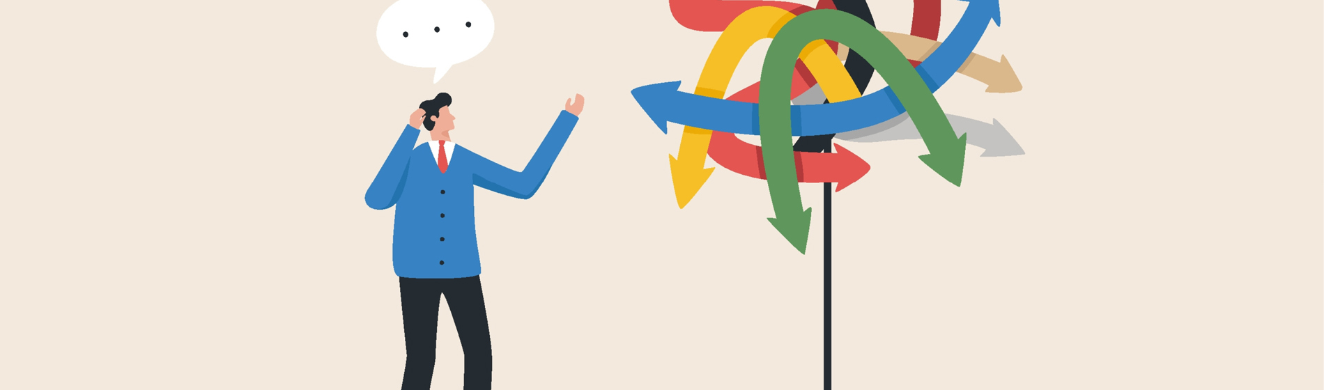 Cartoon of person looking at a twisted group of arrows representing a road sign.