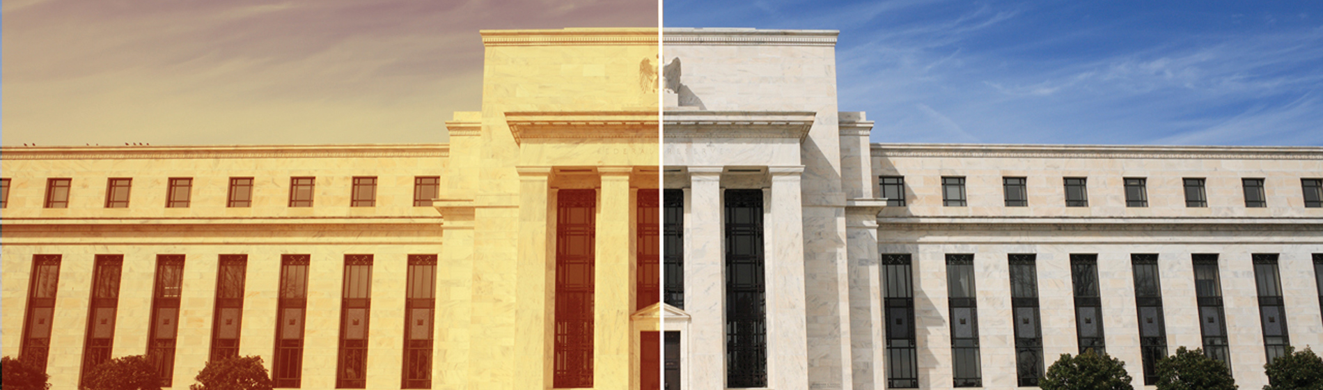A split image of the Federal Reserve building in the 1970's and today.
