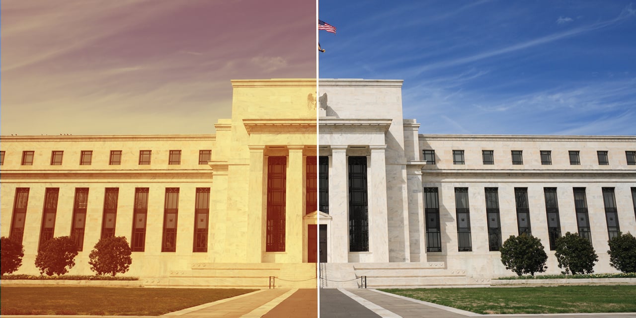 A split image of the Federal Reserve building in the 1970's and today.