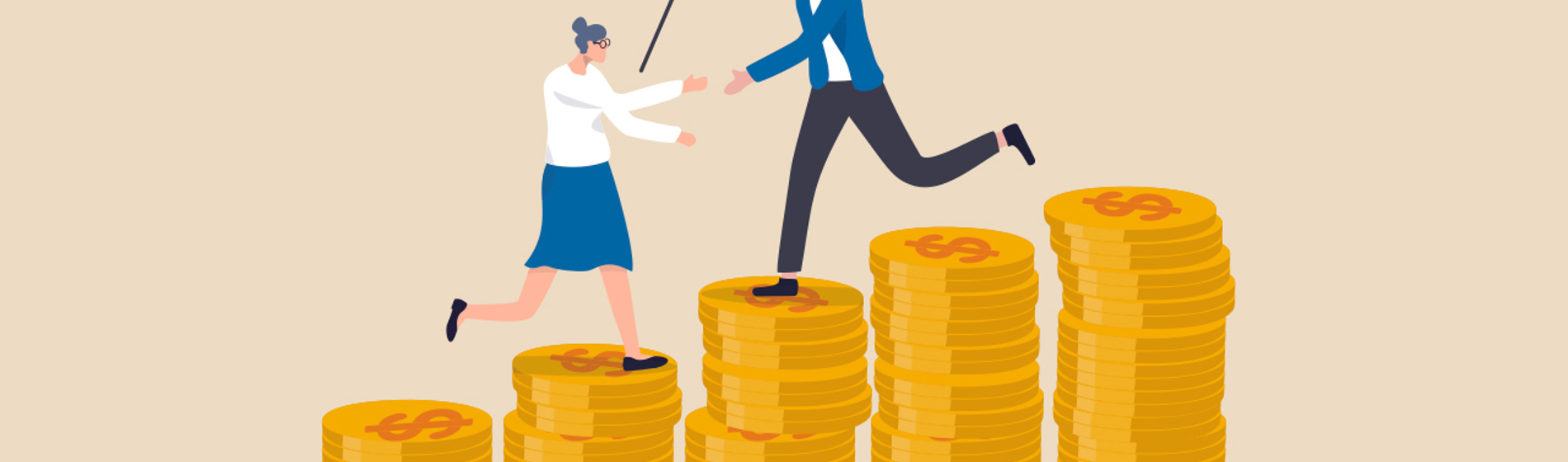 Illustration of a mature couple climbing stacks of coins.