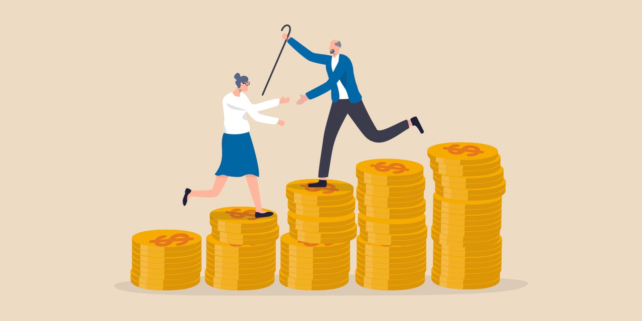 Illustration of a mature couple climbing stacks of coins.