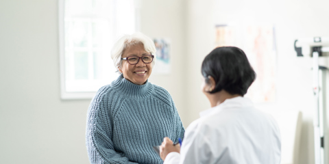 Older woman talking to a doctor.
