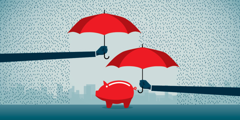 Illustration of two umbrellas protecting a piggybank.
