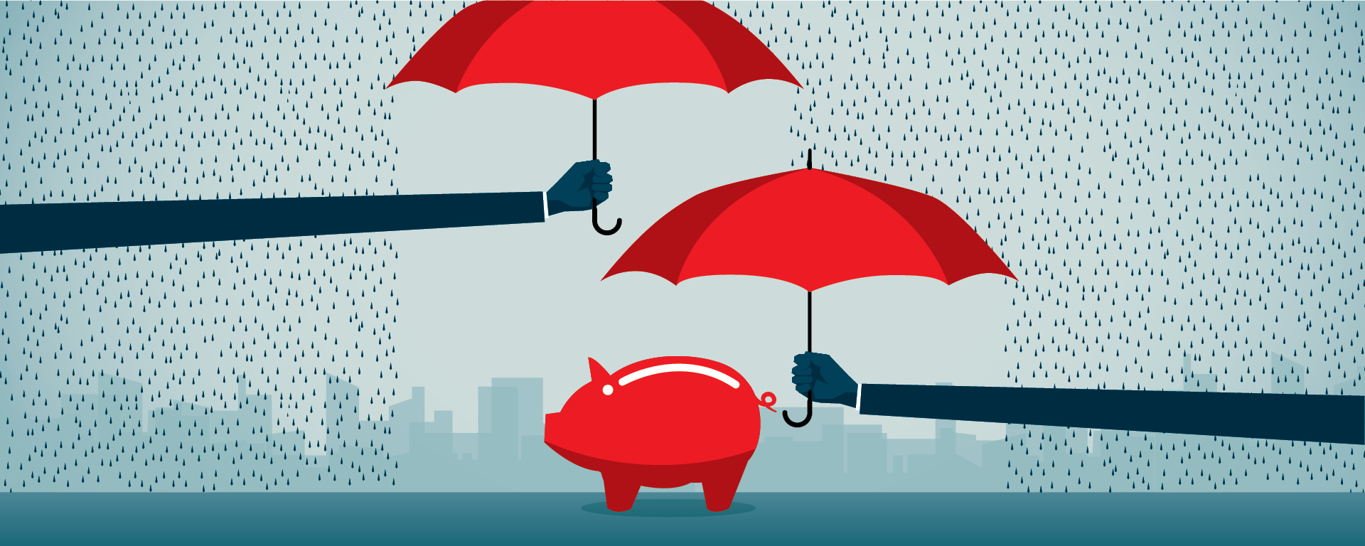 Illustration of two umbrellas protecting a piggybank.