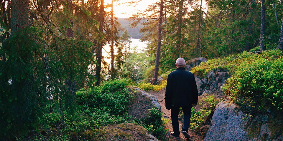Older male, walking along winding forest path at sunrise.