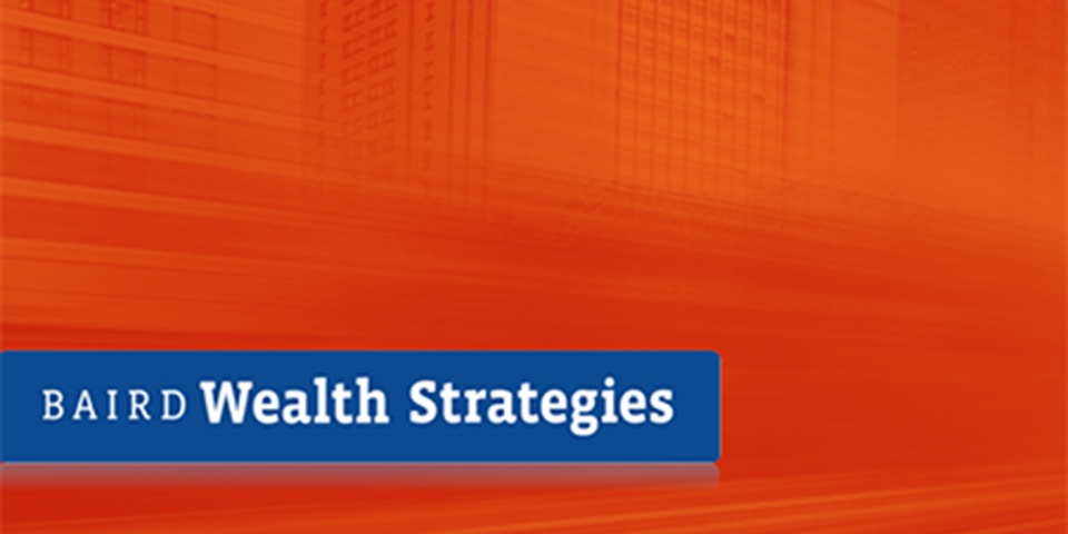Abstract orange background with the words 'Baird Wealth Strategies' in a blue bar