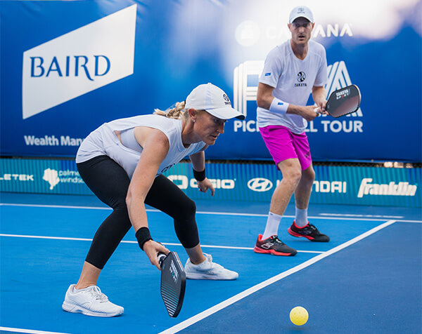 Riley Newman and sister Lindsey Newman playing pickleball at the Baird Wealth Management Seattle Open