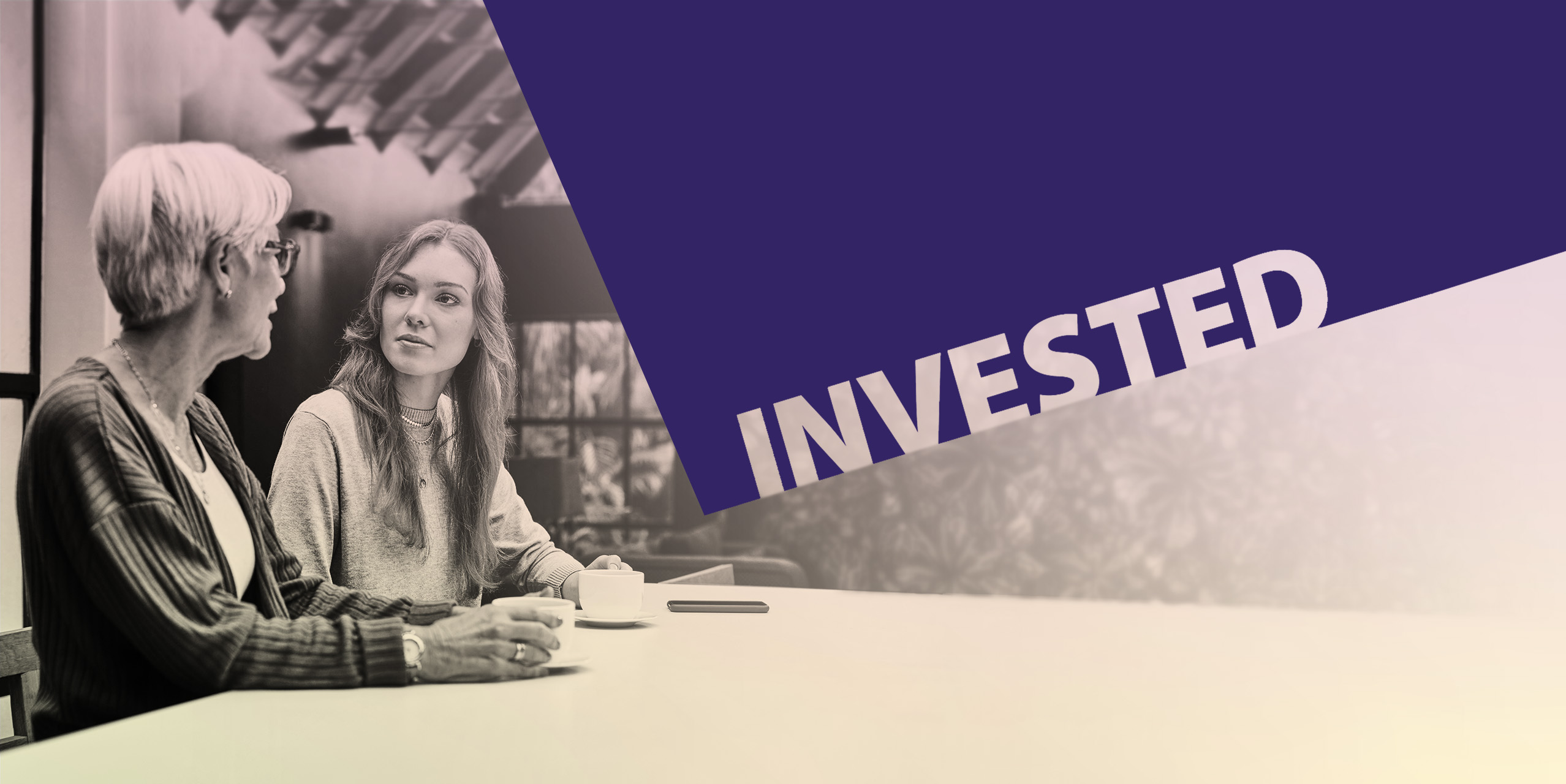 A mother and daughter engaged in conversation with the word Invested overlaid in a purple shape