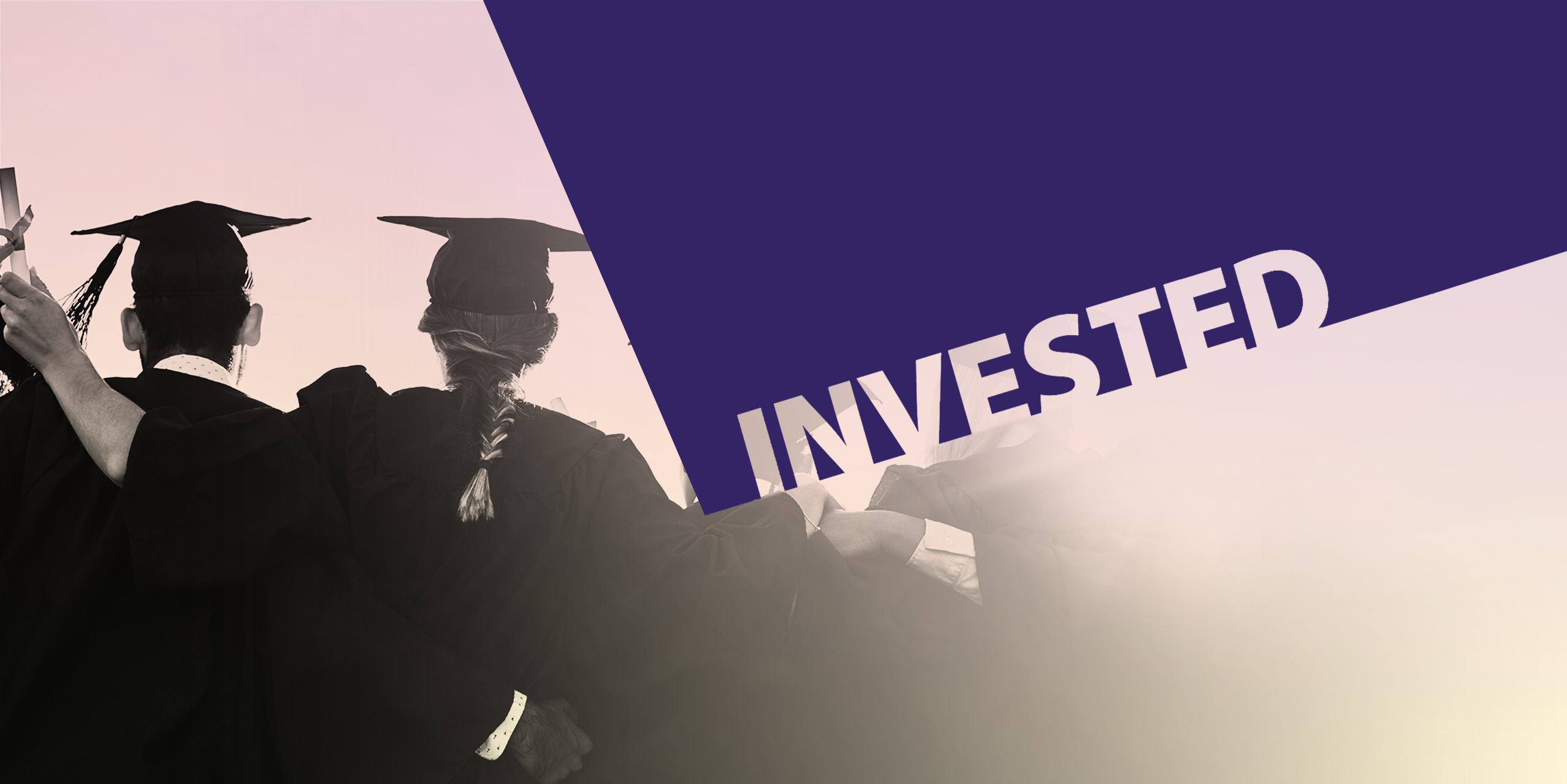 Group of graduates in silhouette with the word Invested overlaid in a purple shape