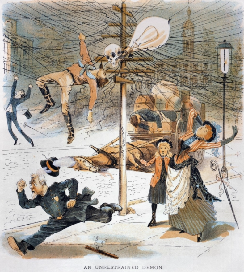 1889 anti-electricity cartoon that first appeared in Judge magazine, illustrator unknown