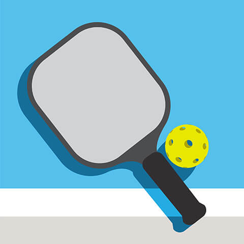Illustration of a pickleball paddle and yellow whiffle ball against a blue, white, and tan background