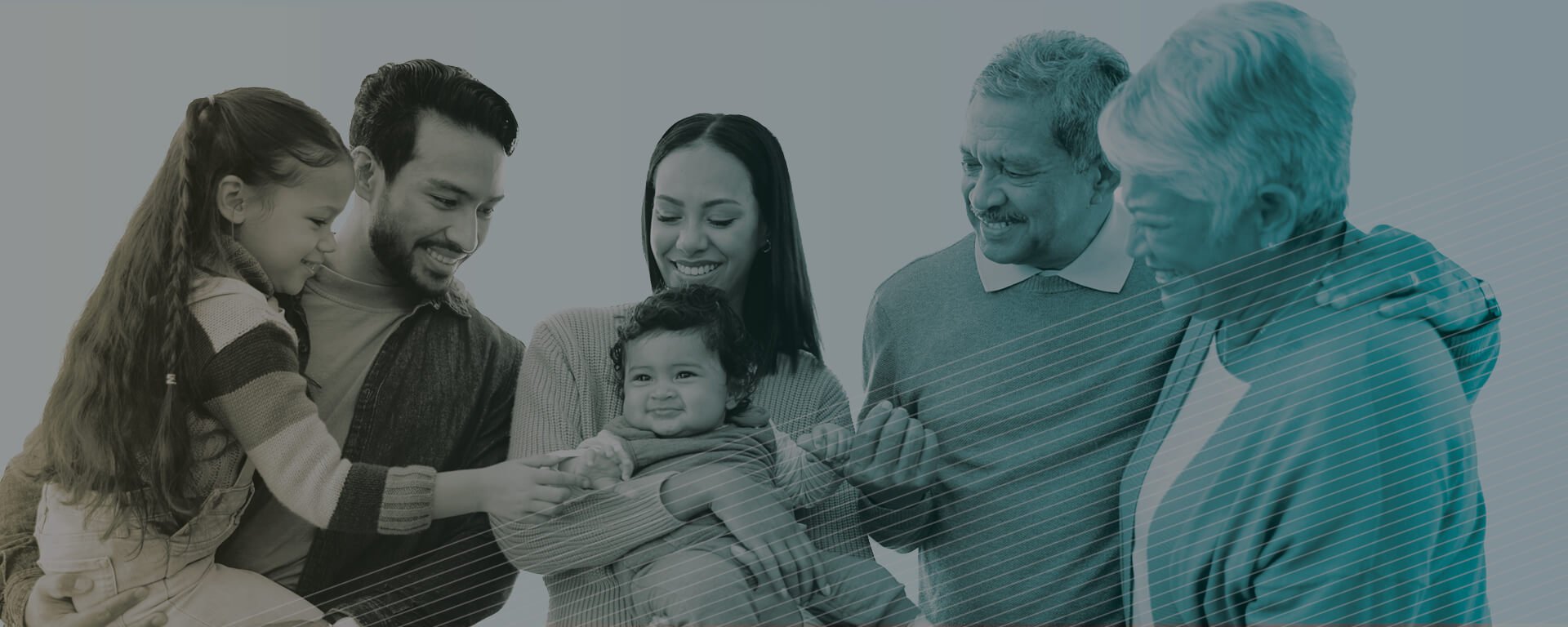 Happy multigenerational family with gray mask overlay