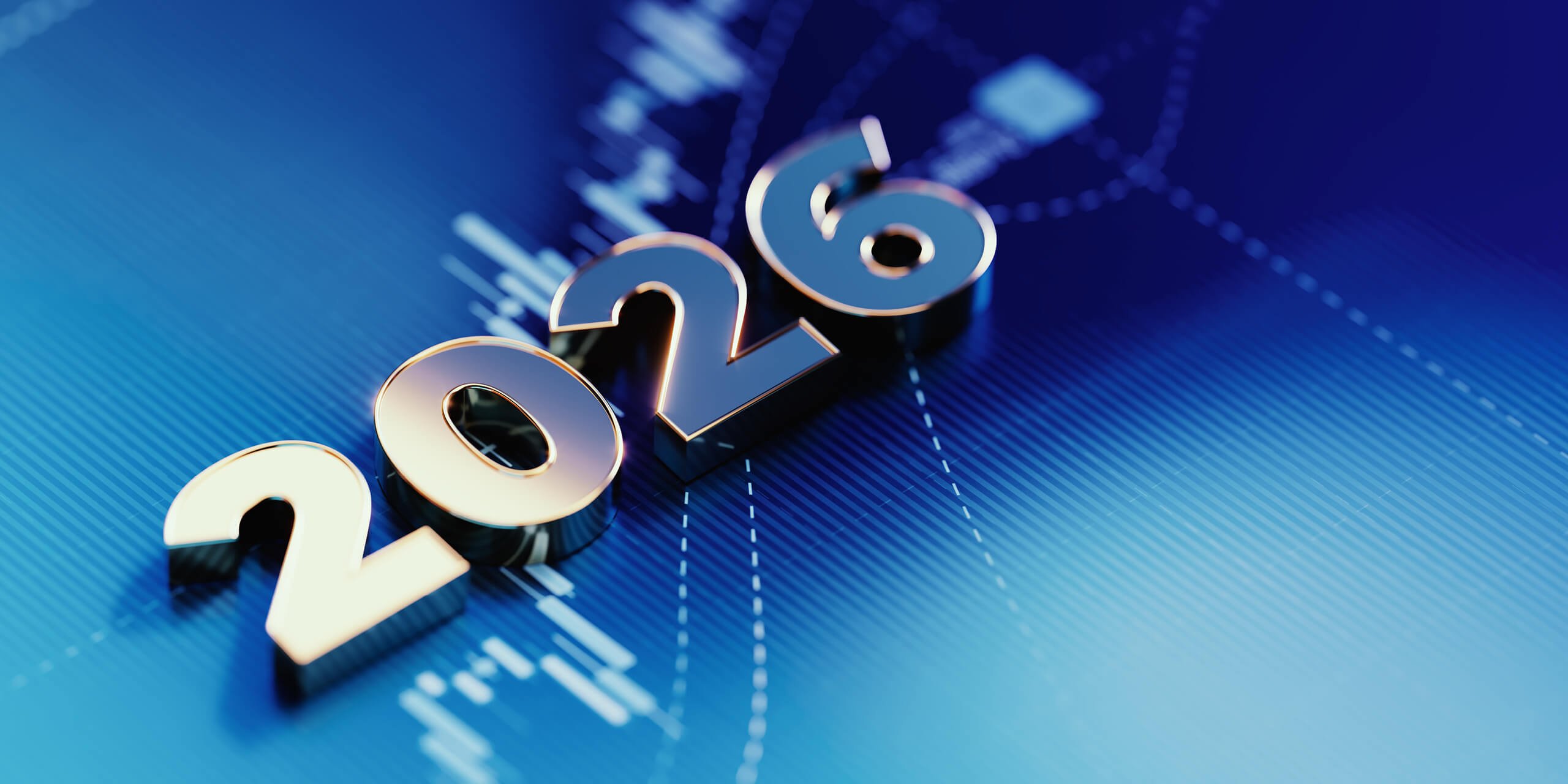 Gold colored 2026 on blue financial graph background