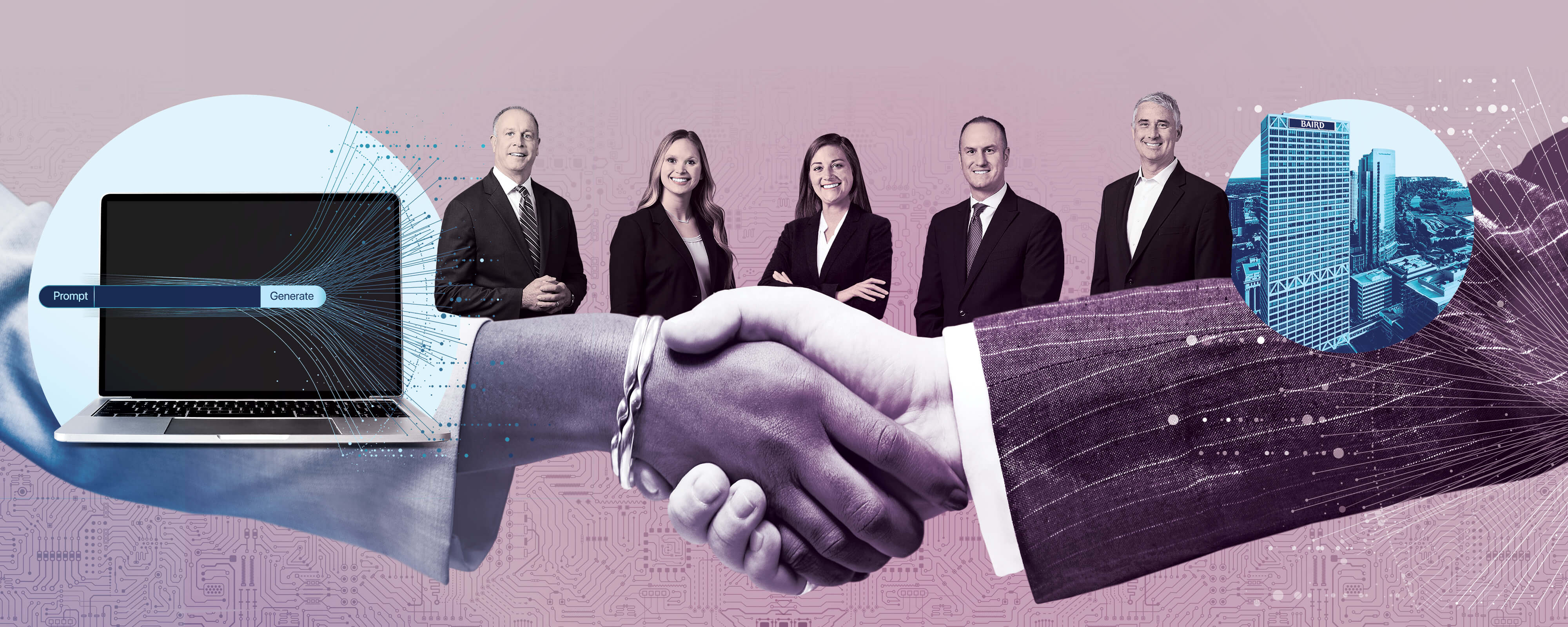 AI-themed collage containing images of a laptop, prompt generation, human handshake, Baird office building and five Baird associates: Laurence Kluth, Jordan Bathey, Kelsey Clair, Ryan Burwell and Michael Antonelli