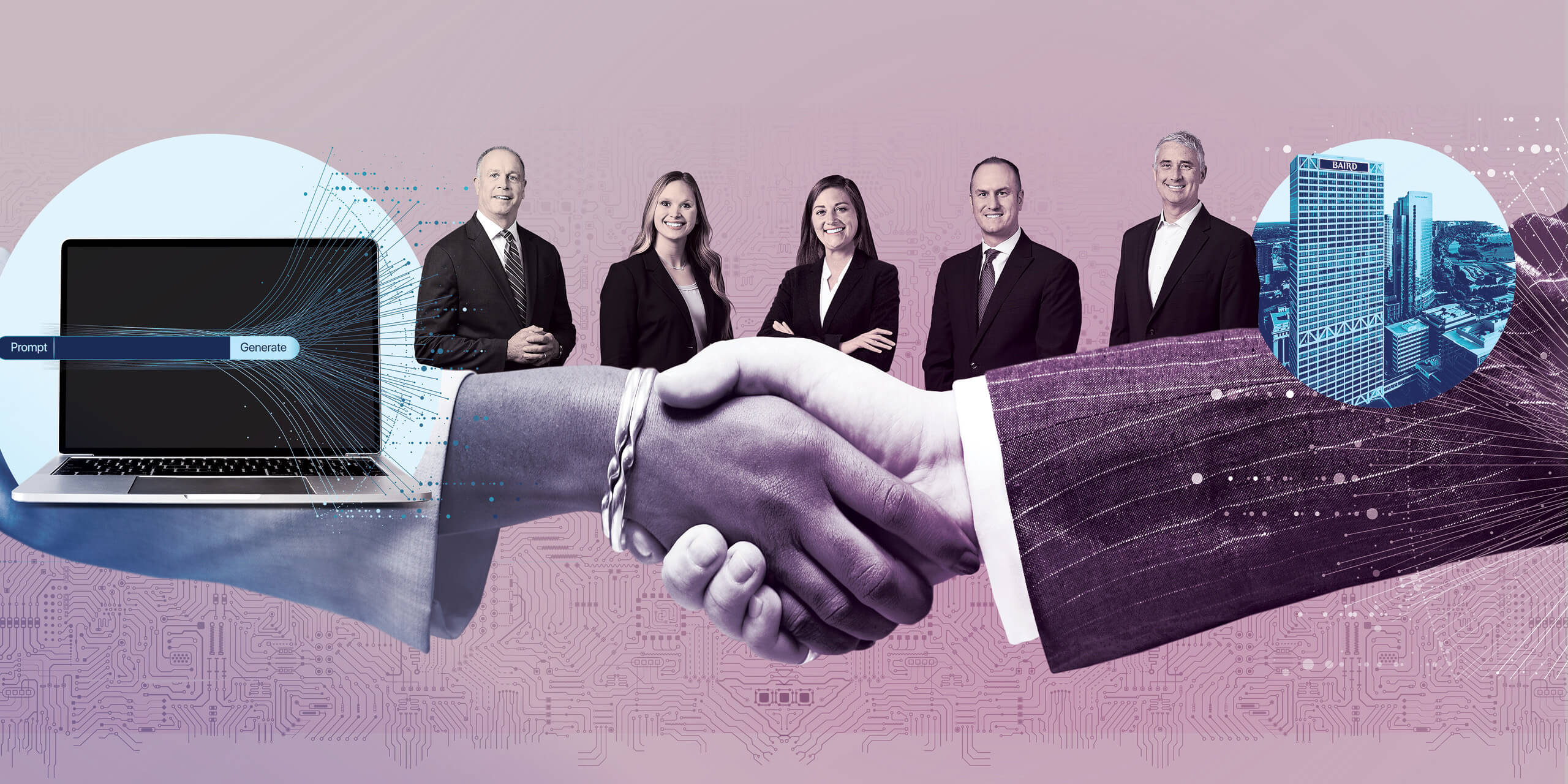 AI-themed collage containing images of a laptop, prompt generation, human handshake, Baird office building and five Baird associates: Laurence Kluth, Jordan Bathey, Kelsey Clair, Ryan Burwell and Michael Antonelli