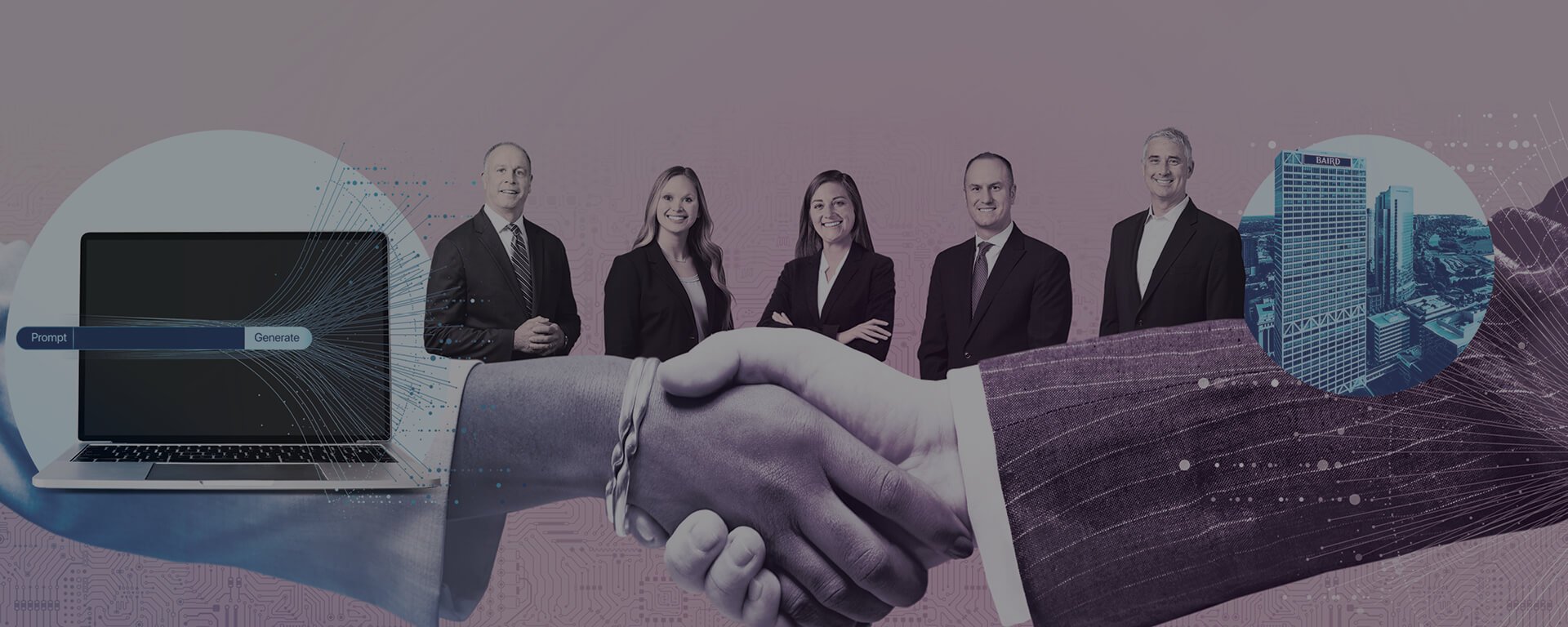 AI-themed collage containing images of a laptop, prompt generation, human handshake, Baird office building and five Baird associates: Laurence Kluth, Jordan Bathey, Kelsey Clair, Ryan Burwell and Michael Antonelli