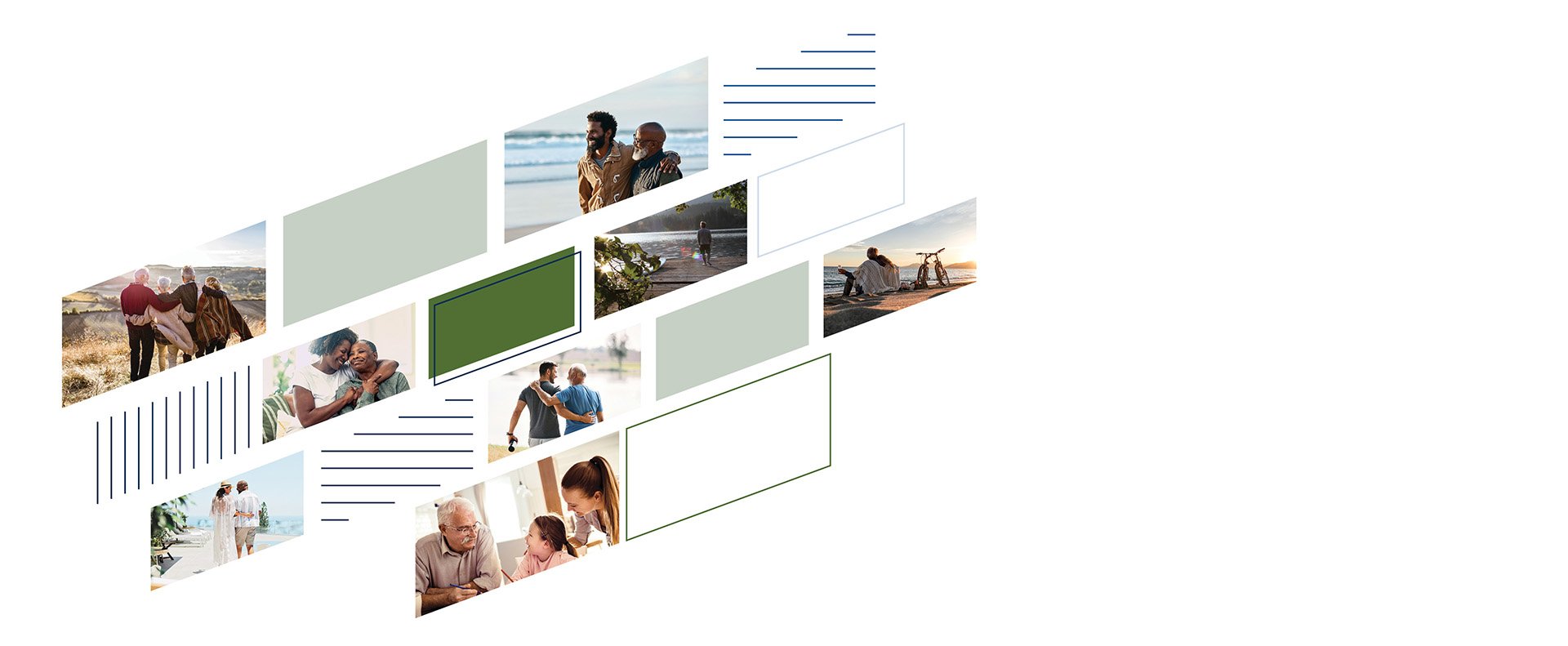 Collage of people and families enjoying life moments, representing integrated health and wealth planning