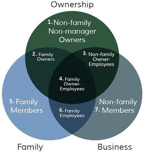 Venn diagram showing overlap of family, business, and ownership roles in seven categories.