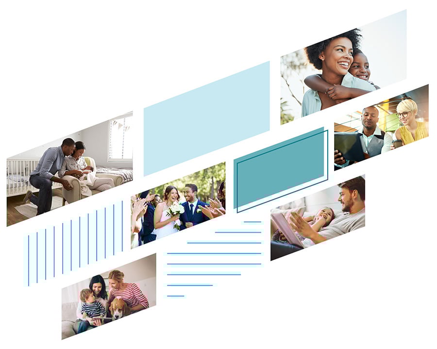 Various images of people getting married, having children, starting businesses, and taking care of families