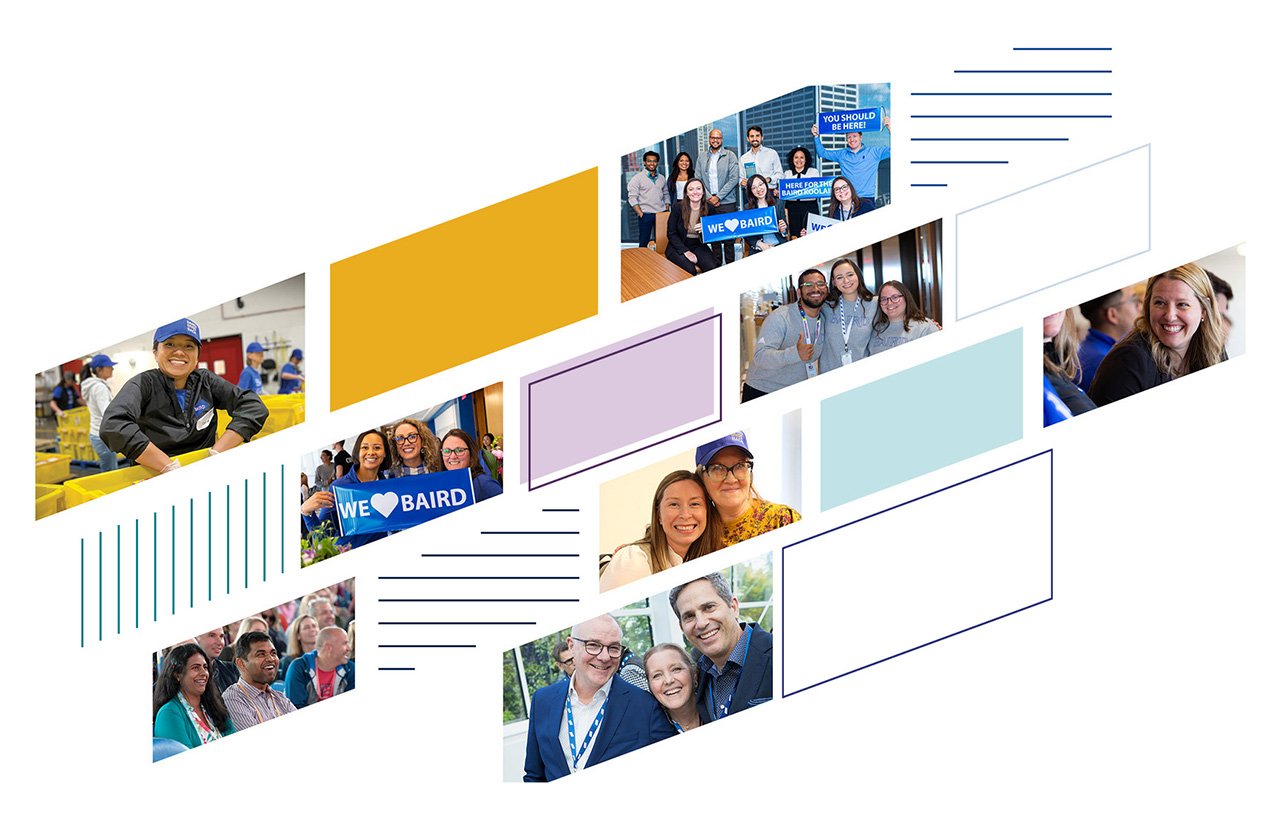 Different color and size parallelograms framing Baird associates volunteering and at firm gatherings