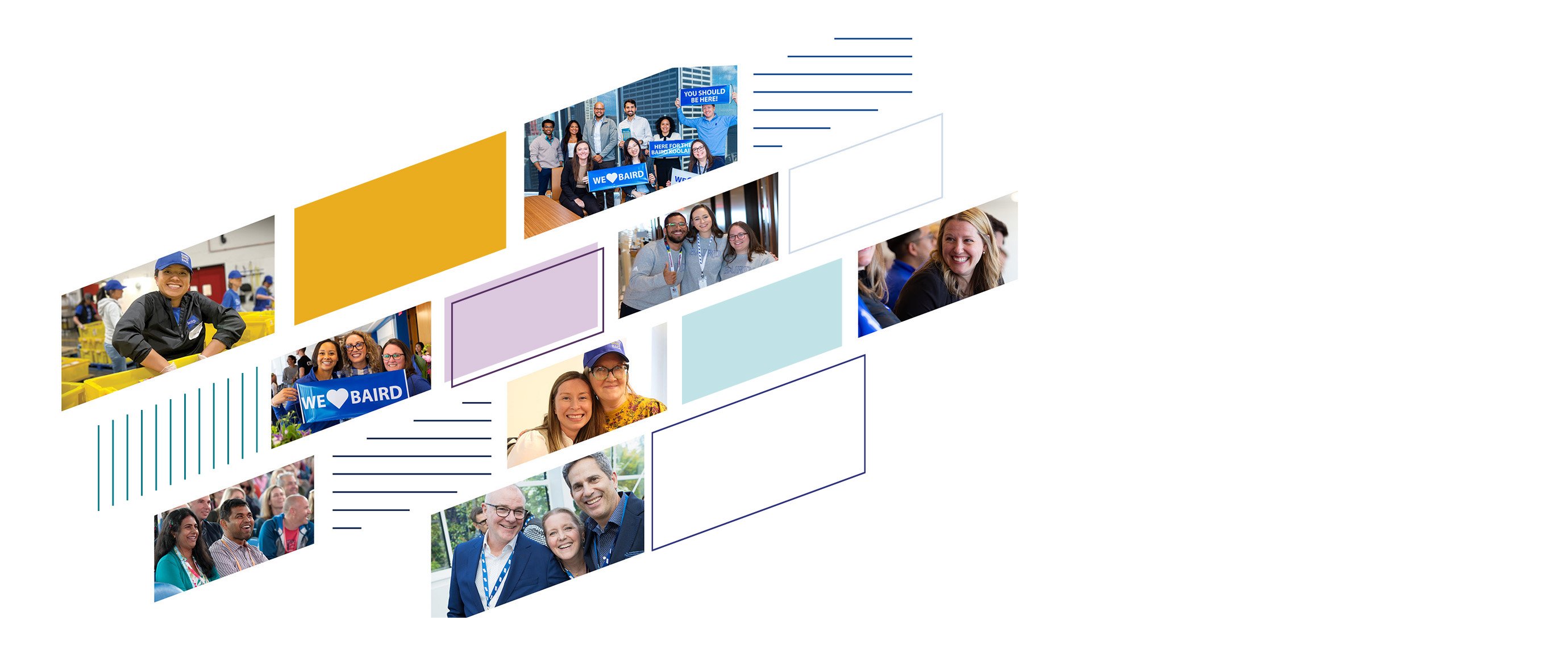 Different color and size parallelograms framing Baird associates volunteering and at firm gatherings