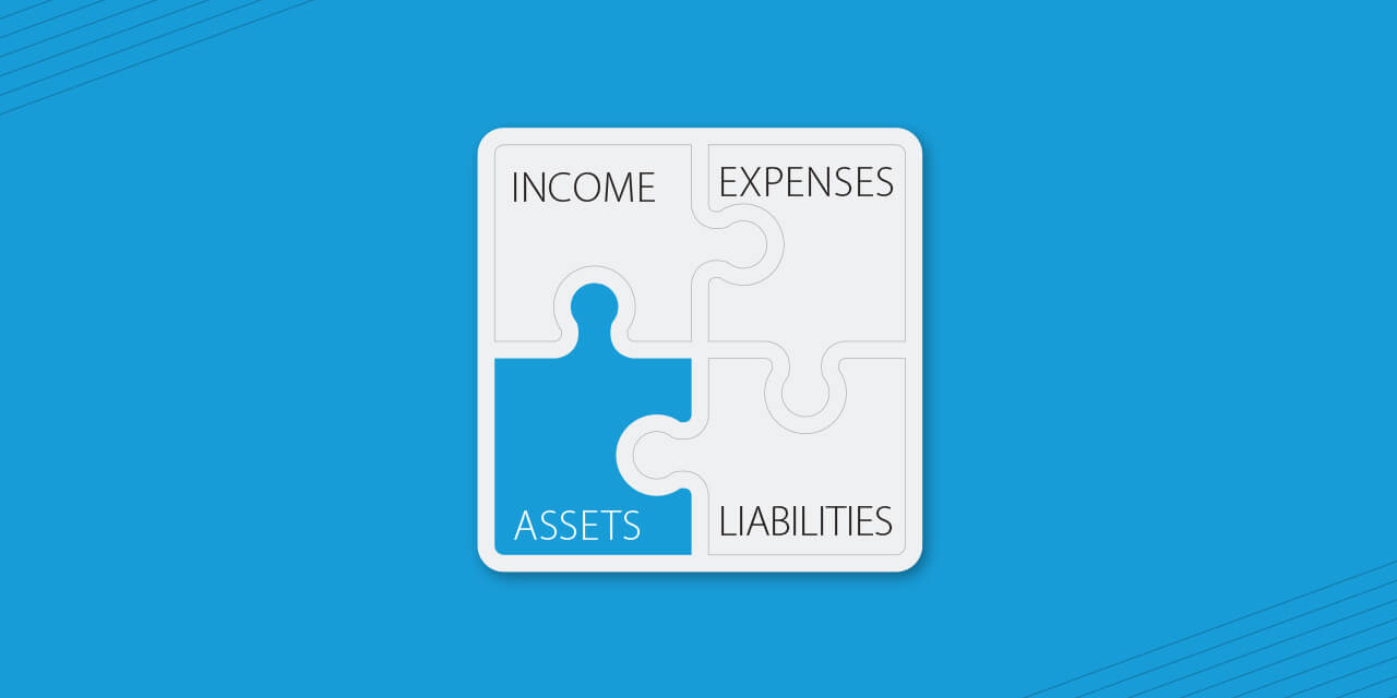 Four puzzle pieces reading, "Income", "Expenses", "Assets", and "Liabilites" with "Assets" highlighted