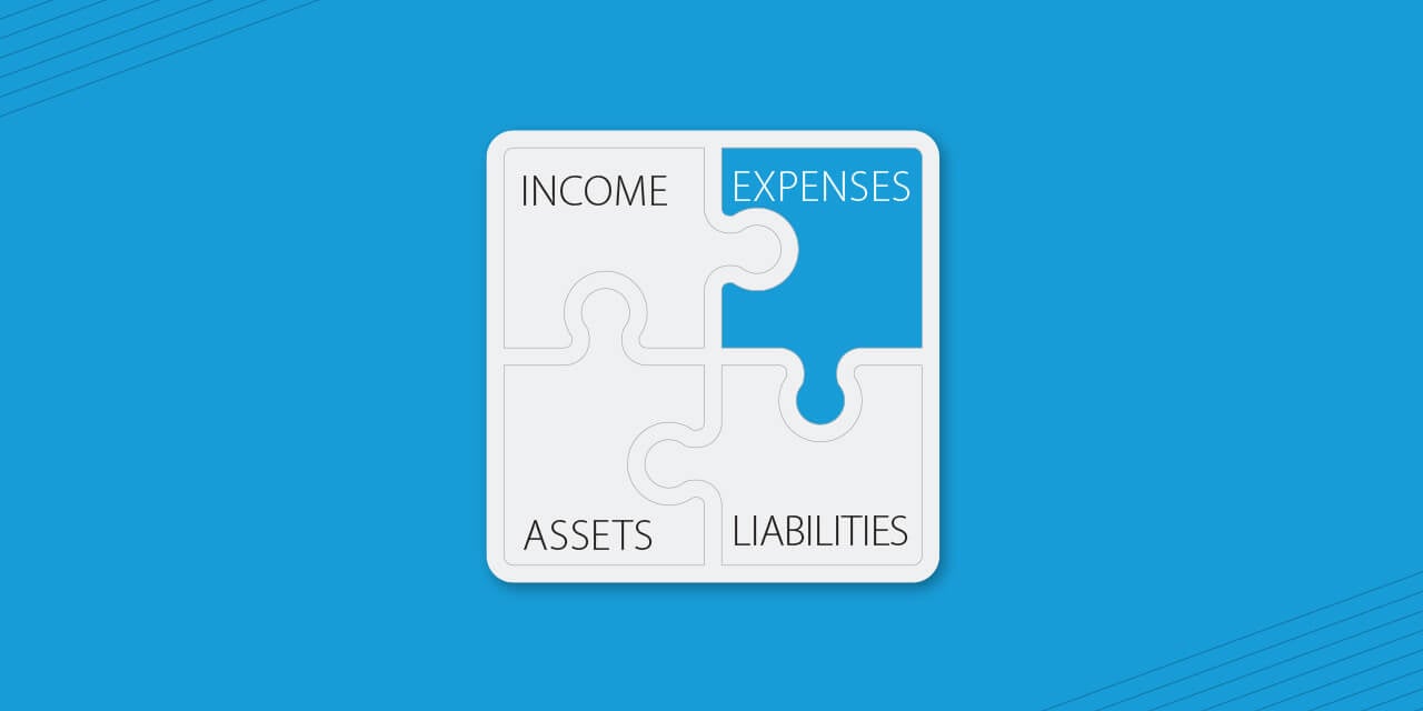Four puzzle pieces reading, "Income", "Expenses", "Assets", and "Liabilites" with "Expenses" highlighted