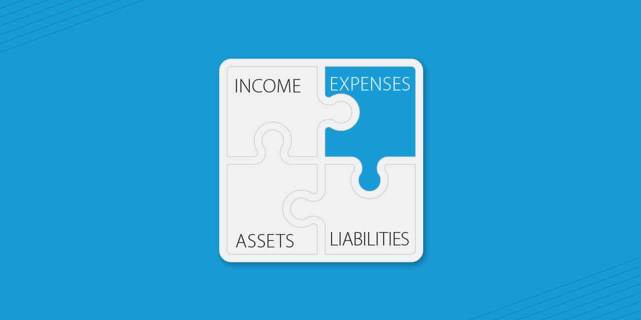 Four puzzle pieces reading, "Income", "Expenses", "Assets", and "Liabilites" with "Expenses" highlighted
