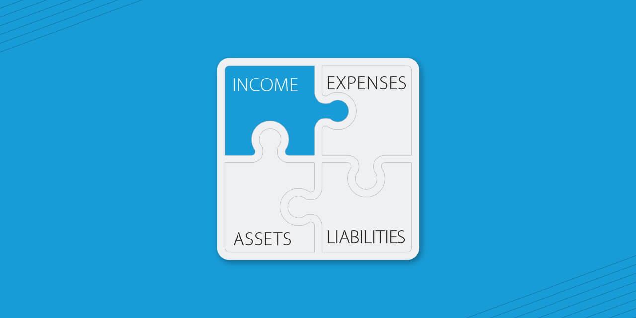Four puzzle pieces reading, "Income", "Expenses", "Assets", and "Liabilites" with "Income" highlighted