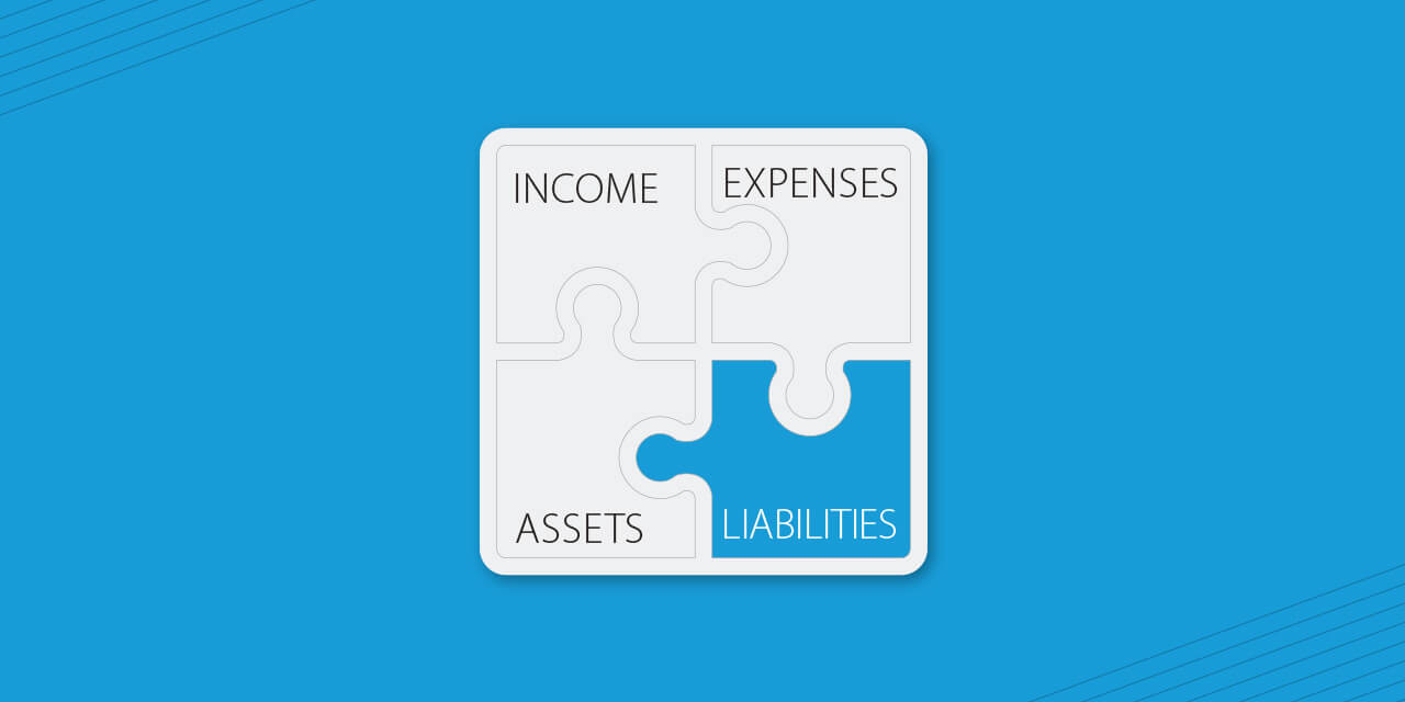 Four puzzle pieces reading, "Income", "Expenses", "Assets", and "Liabilites" with "Liabilities" highlighted